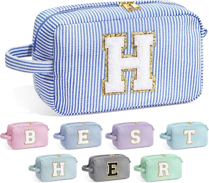YOOLIFE Initial Makeup Bag for Women - Monogram Cute Makeup Bag Cosmetic Case Toiletry Pouch for Women Her Best Friend Sister Teacher, Personalized Birthday Gifts for Women, Blue H - Image 1